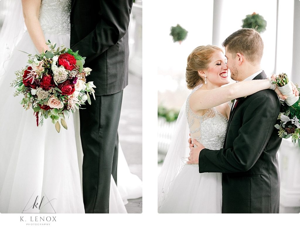 Bridal bouquet and a bride and groom hugging and embracing on their winter wedding day. 