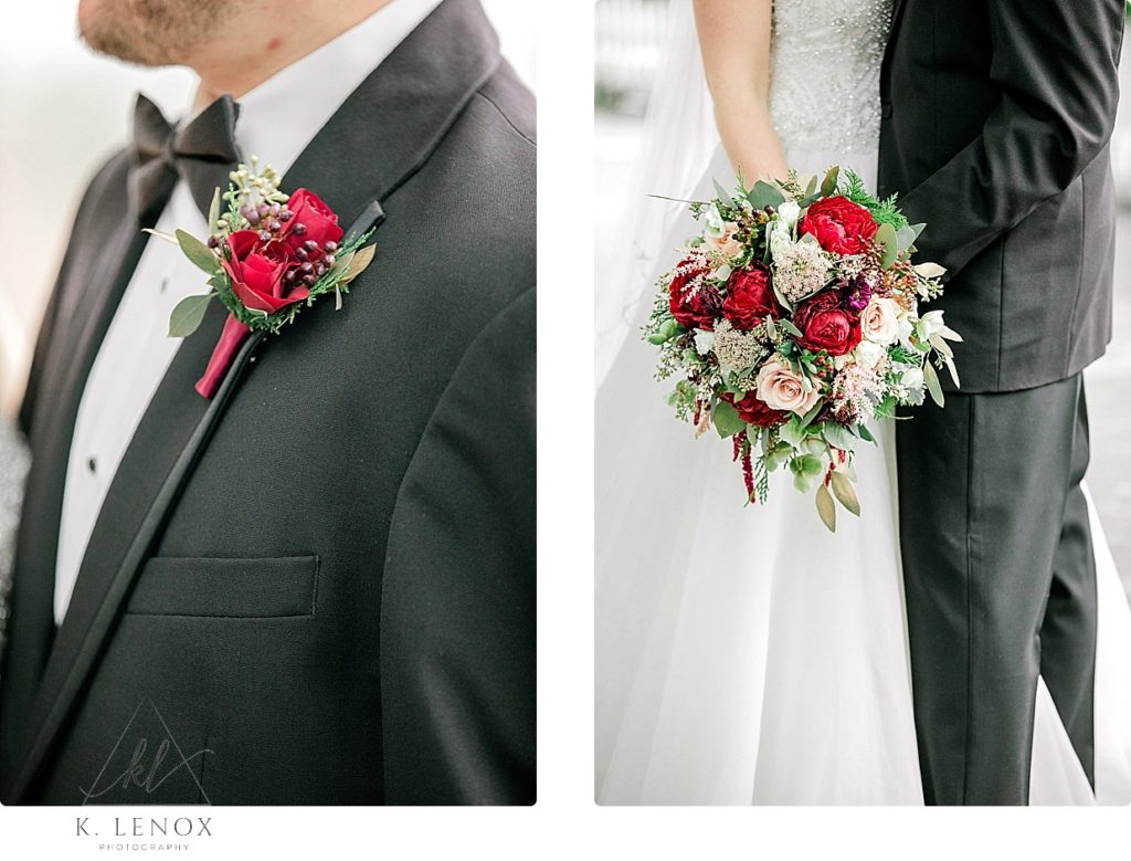 Detail Photos showing a rose boutonnière and a christmas inspired bridal bouquet. 