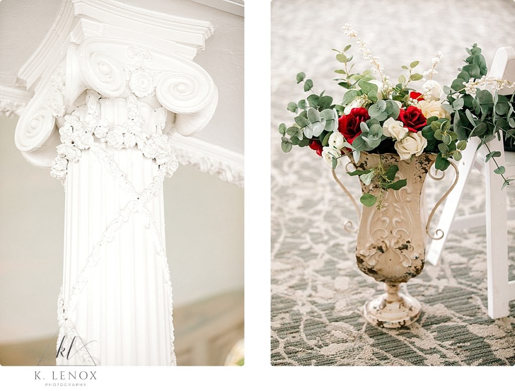 Ceremony detail photos showing red and white flowers in an antique vase and a pillar from the omni mount Washington Resort. 