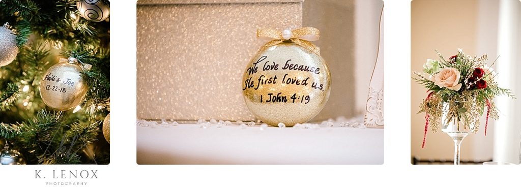 Custom gold Christmas ornament used as a wedding favors for a Christmas Wedding. 