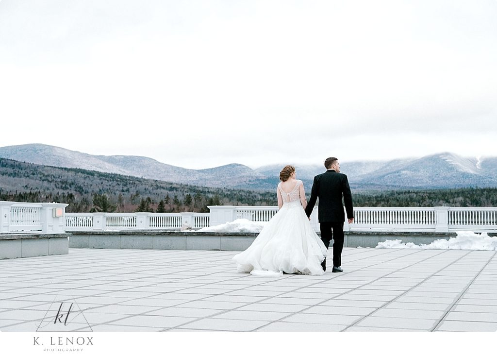 Cold Winters day with a Bride and Groom on the Jewel Terrace at the Omni Mount Washington Resort. 