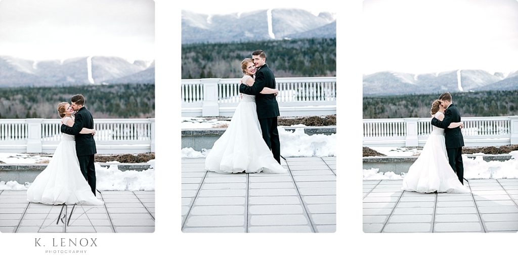 Christmas Wedding at the Omni Mount Washington Resort- photo of a bride and groom on the Jewel Terrace at Dusk. 