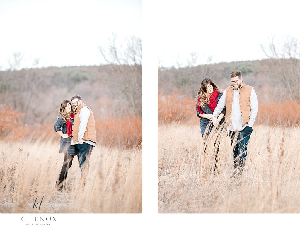 Light & Airy Winter Engagement Session photo of a woman wearing a Blue Shirt Dress and a red scarf. 