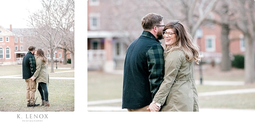 Light and Airy Winter Engagement session showing a man and woman holding hands and kissing. 