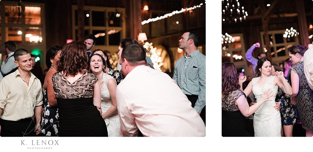 Bride dancing and having fun during her reception at the Barn at Gibbet hill. 