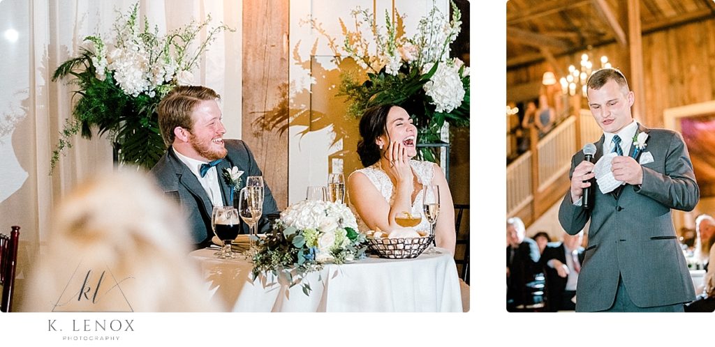 Best Man makes bride and groom laugh during his speech at the Barn at Gibbet Hill. Winter wedding. 