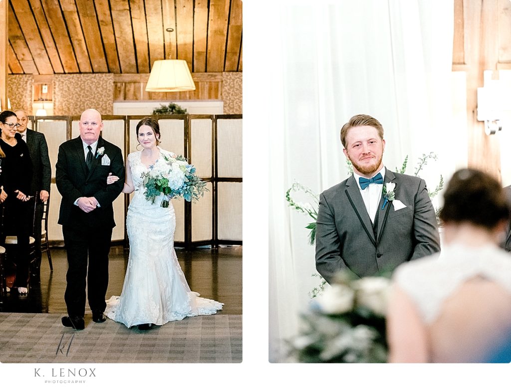 Groom see's his bride for the first time as she walks down the aisle at the Barn at Gibbet Hill. Indoor Winter Wedding