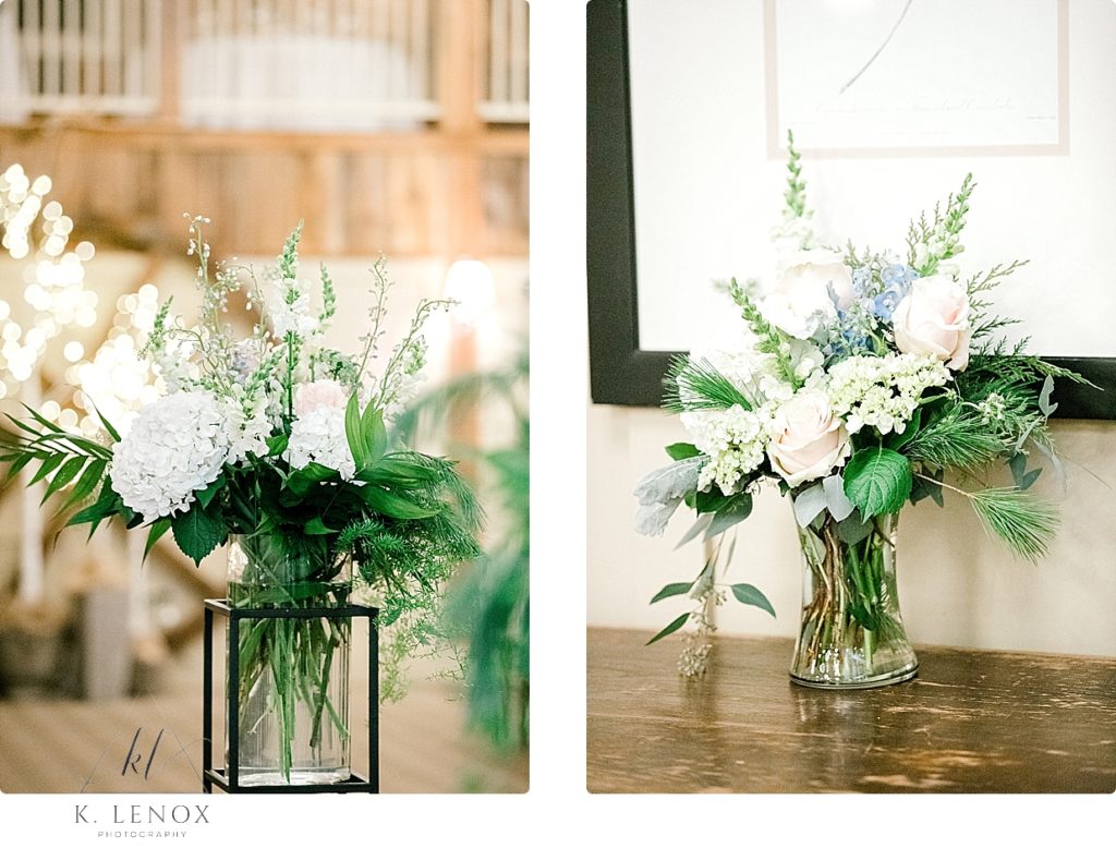 Floral Arrangements showing light pink and white flowers for a winter wedding at the Barn at Gibbet hill. 