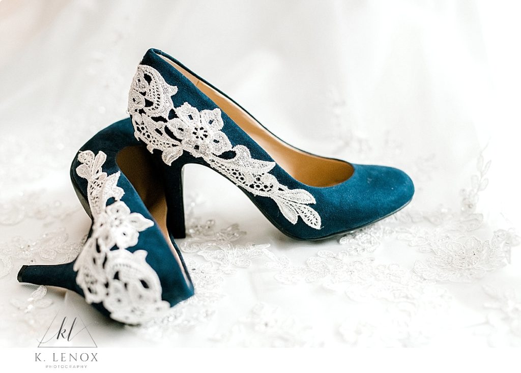 Bridal Blue Suede shoes with custom white lace adornment. 