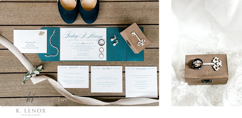 Wedding Day Detail shots showing the blue and white invitation suite and a wooden ring box. Slightly Rustic. 
