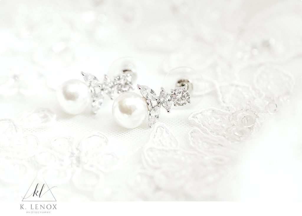 Diamond and pearl wedding earrings taken by K. Lenox Photography