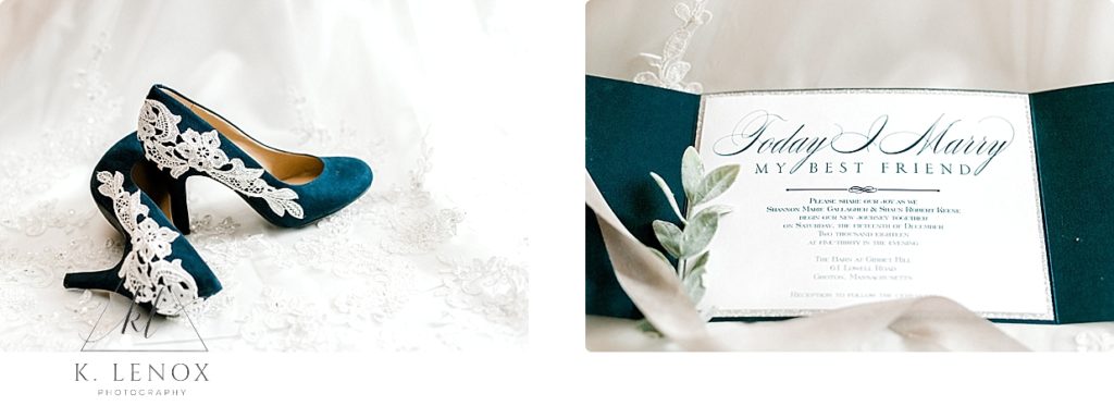 bridal Blue suede shoes with white lace adornment. Blue folded invitation for winter wedding. 