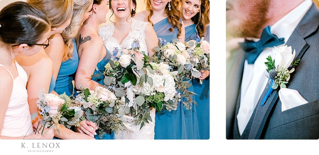 Bridal party wearing blue dresses hold their bouquets. 