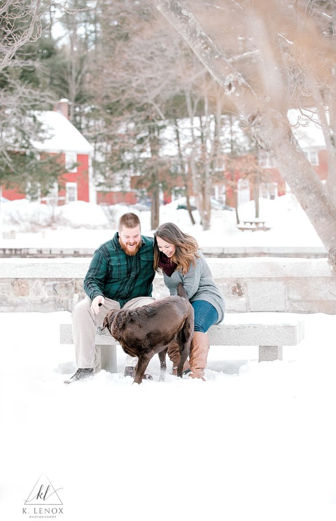 image of a Chocolate black lab with his owners during their winter engagement session in Peterborough NH. 