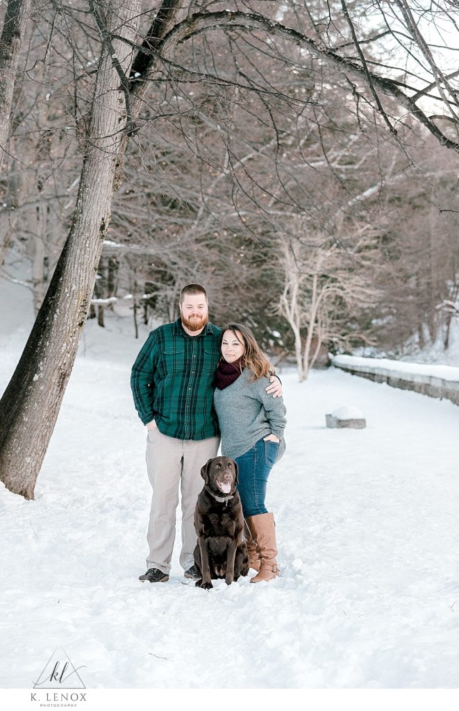 Formal Posed portrait of a man and woman and their chocolate lab during their winter engagement session in Peterborough NH. 