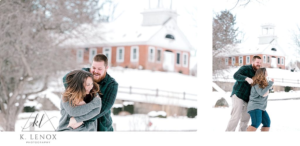 Photo by K. Lenox Photography showing a playful couple during their winter engagement session. 