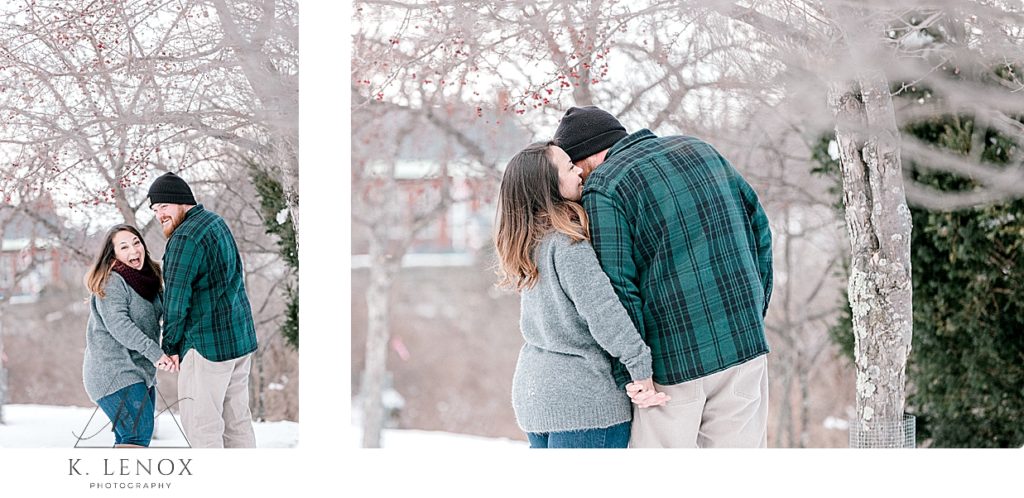 Light and Airy photo of a Man and woman hold hands and laugh together during their winter engagement session.  