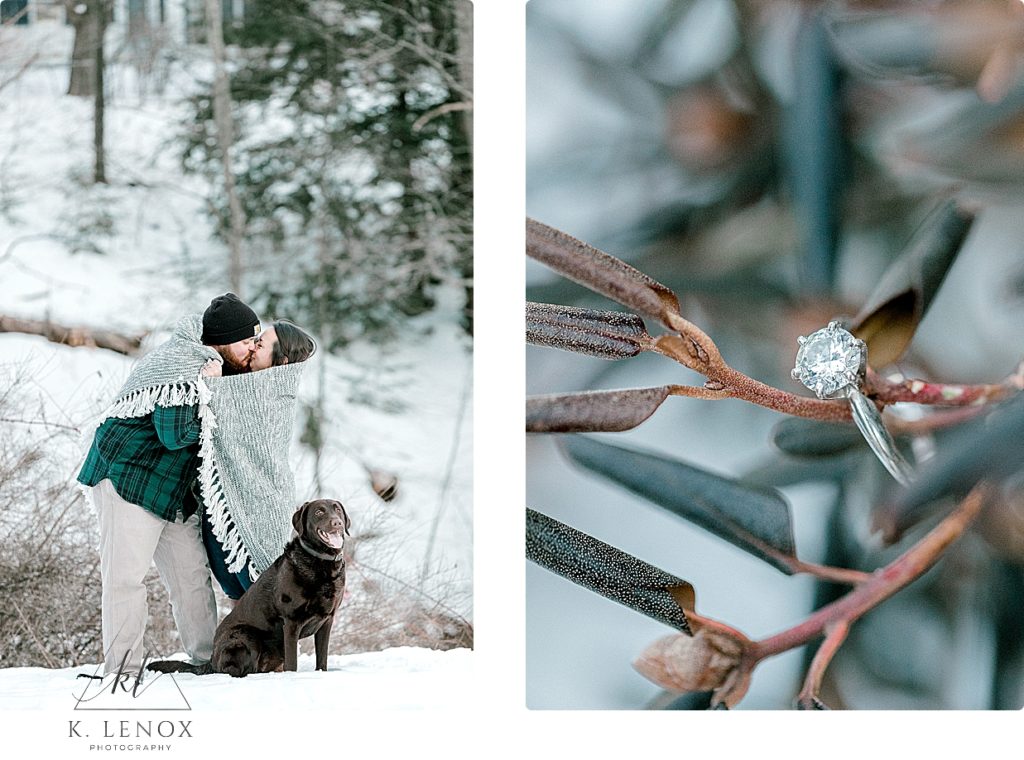 Man and woman wrap up in a gray blanket with their chocolate lab for their winter engagement session. 