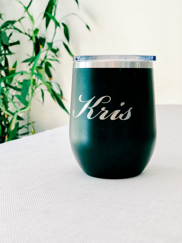 High Quality Black Wine Tumbler from with Silver personalization.   Great Bridesmaid gift idea