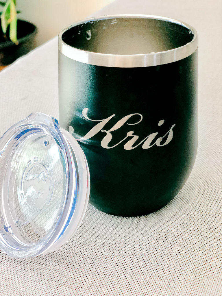 High Quality Black Wine Tumbler from with Silver personalization.   Great Bridesmaid gift idea
