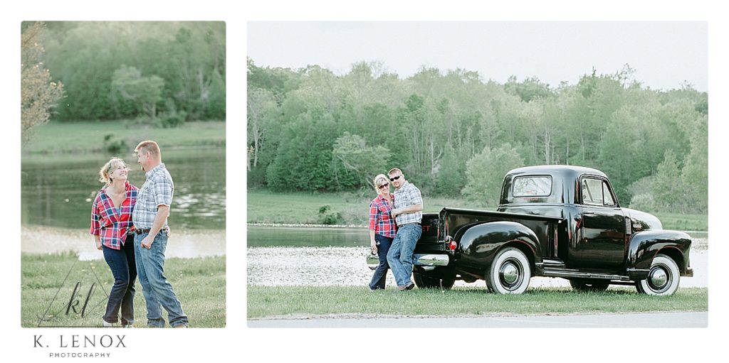 1952 Chevy Truck engagement session with a couple wearing plaid shirts. 