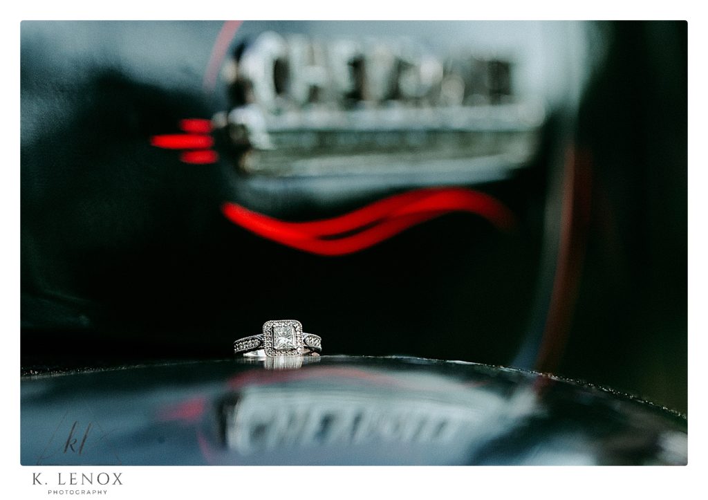 Diamond Halo Engagement Ring on photographed on a 1952 Chevy Truck for an engagement session