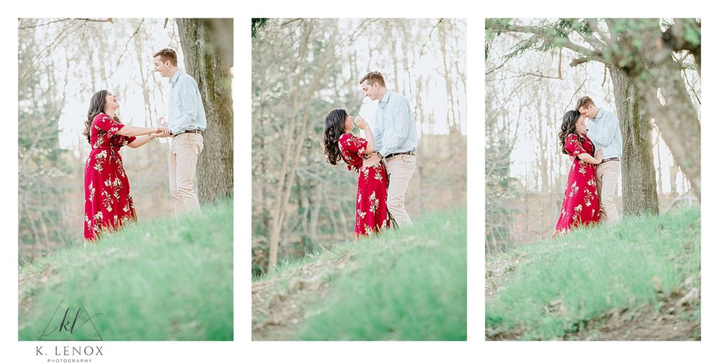 Spring Engagement Session in Peterborough NH- light and airy photo of taken by K. Lenox Photography.  Woman wearing a red floral dress. 