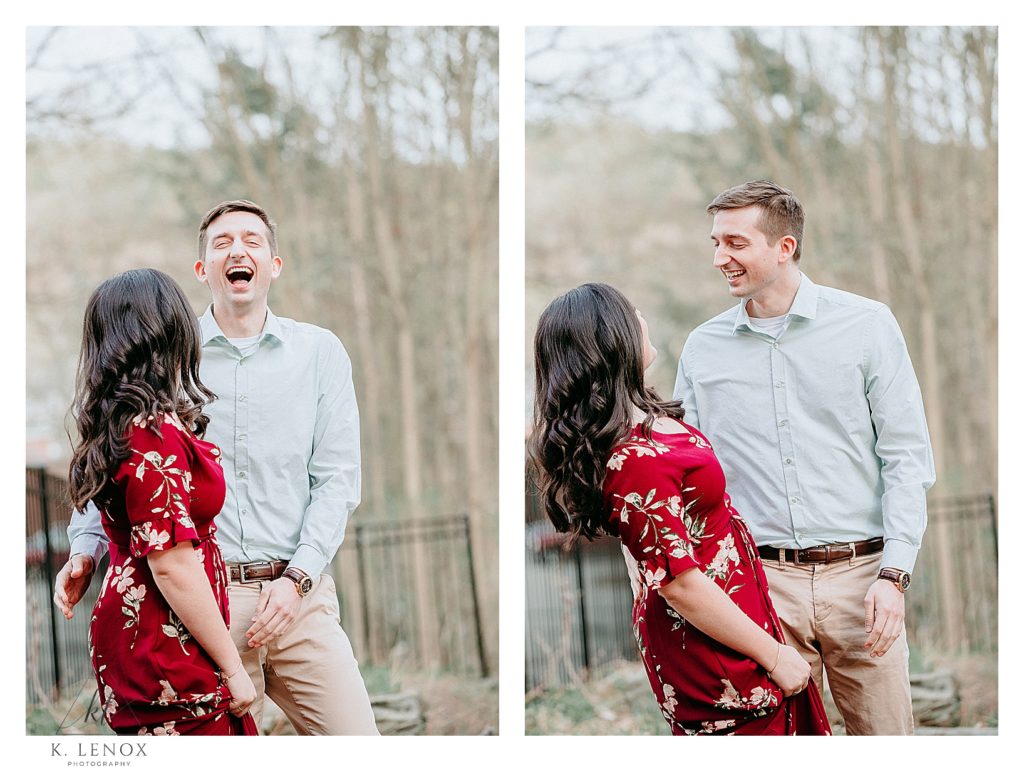 Candid photo of a man and woman laughing and talking during their light and airy engagement session taken in NH. 