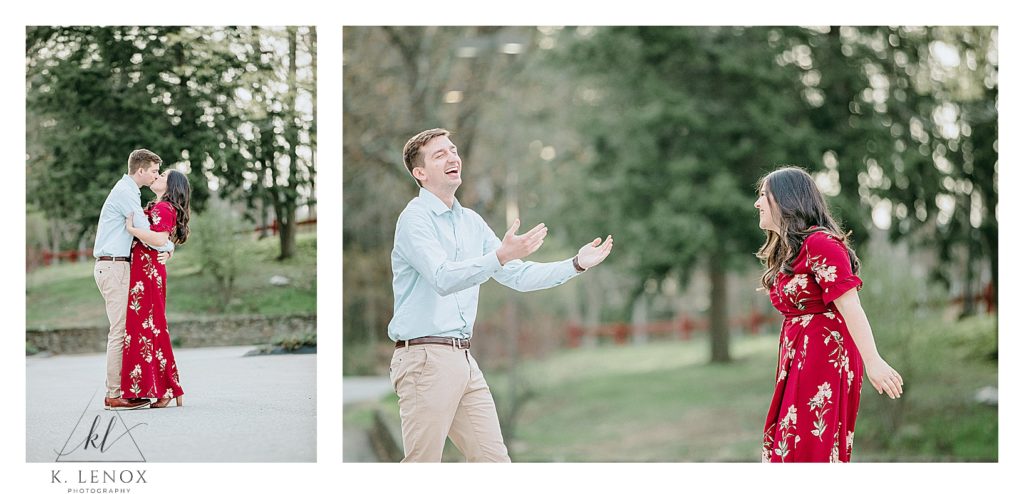 Man and Woman laugh together during their Engagement Session.  Light and Airy photo shot by K. Lenox Photography. 
