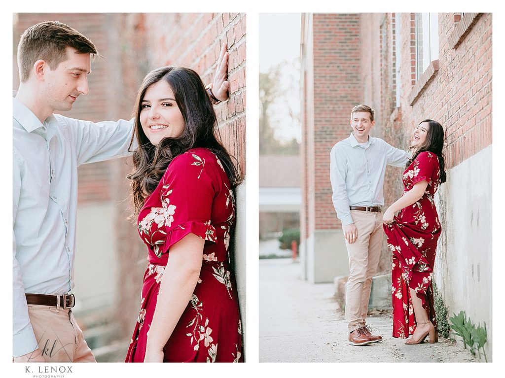 Engagement Session in Peterborough NH taken by LIght and Airy photographer K. Lenox.  Couple standing next to a brick wall.  Candid Photo. 