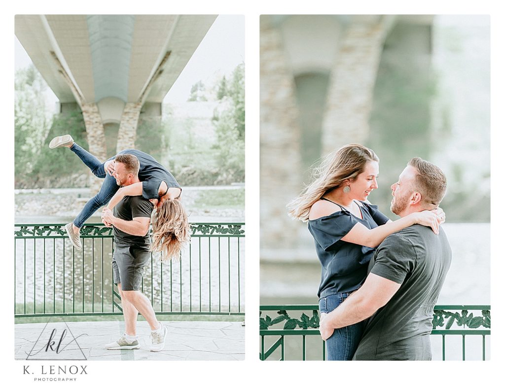 Light and Airy Photo of a Relaxed Engagement session in Brattleboro VT with a Man and Woman being lifted up and playing. 