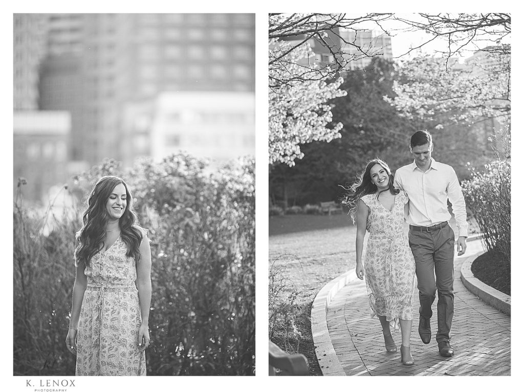 Black and White portraits of a man and woman in Boston during their spring engagement Session with K. Lenox Photography