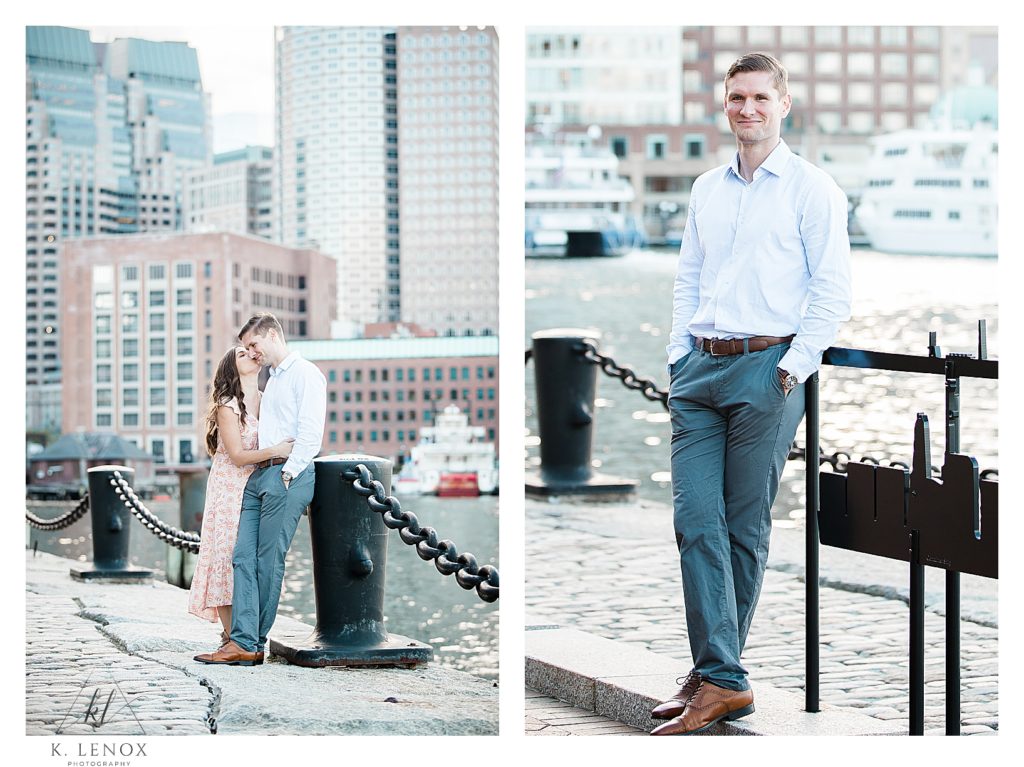 Engagement photos of a man and woman at the Seaport in Boston in Spring. 