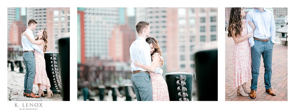 Trio of light and Airy photos taken by K. Lenox Photography in Boston during a spring Seaport Engagement Session. 