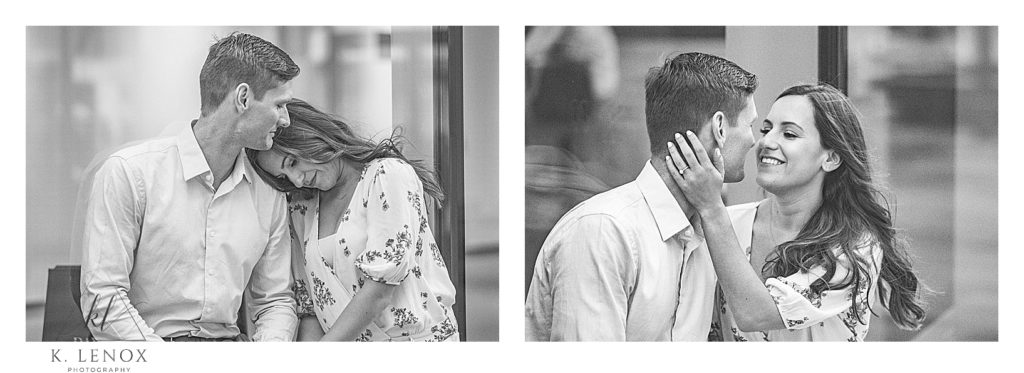 Duo of black and white photos taken of a Man and woman during their engagement session in Boston. 