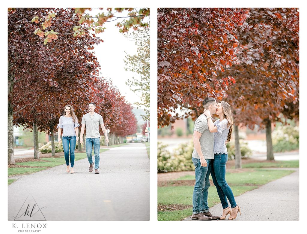 Light and Airy Photos taken of a young man and woman casually dressed in Jeans, during their spring engagement session in Keene.   K. Lenox Photography