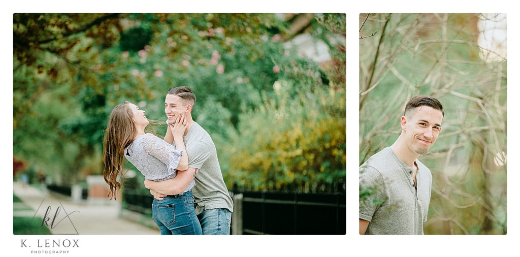 Man and Woman casually hug and flirt during their engagement session in Keene NH with K. Lenox Photography
