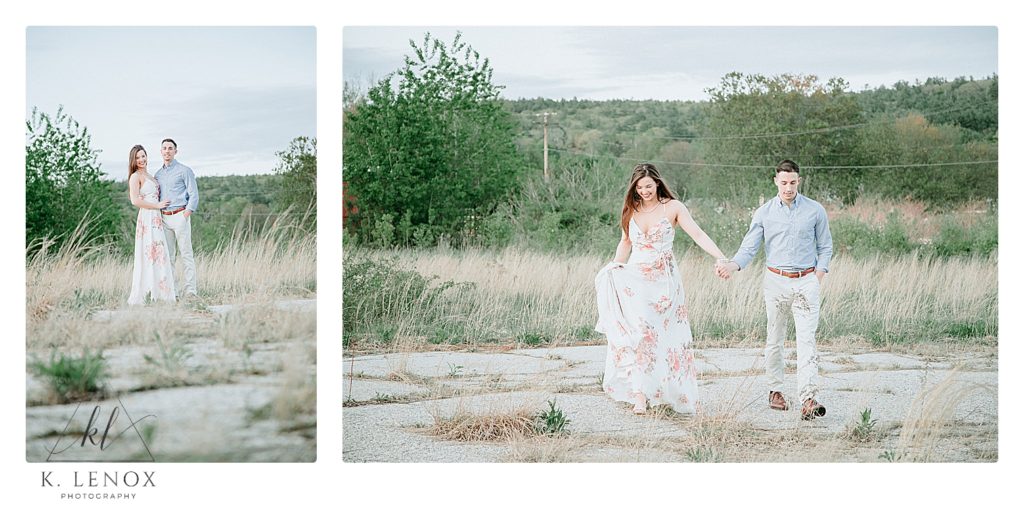 Light and Airy photographs of a man and woman walking and holding hands during their engagement session with K. Lenox Photography. 