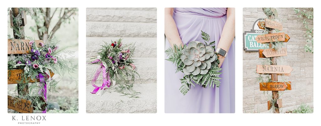 Enchanted Forest Wedding with a Game of Thrones Twist- 4 pictures put together in a collage showing a succulent bouquet, a wooden sign, and another floral bouquet with purple flowers. 