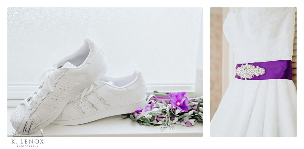White Adidas sneakers and a wedding gown with a purple jeweled sash worn by a bride for her enchanted forest Themed Wedding with a game of Thrones Twist.  