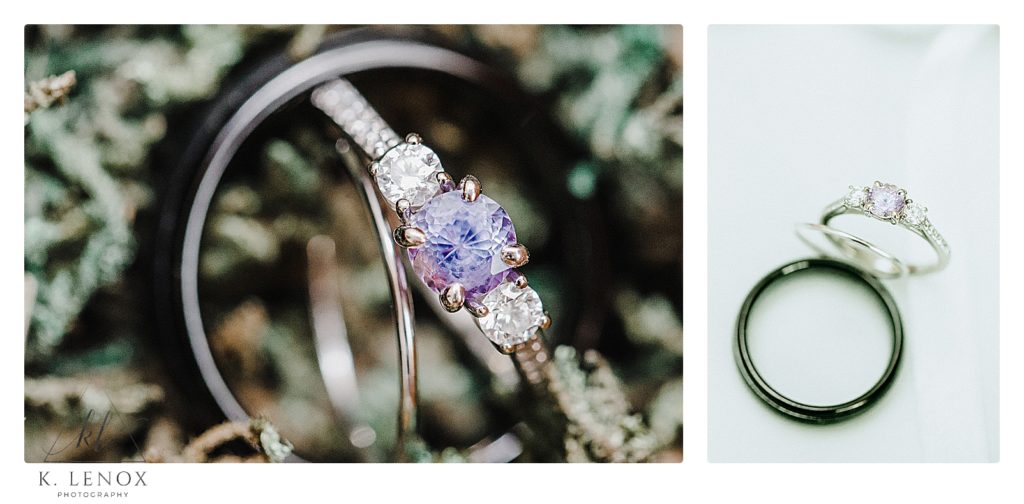 Close up of an engagement ring with a purple center stone and two side diamonds-  shot on Moss for a Wedding with an Enchanted Forest Themed wedding. 