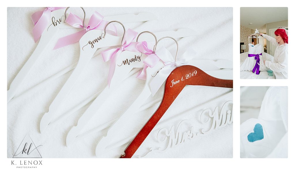 Customized Wedding hangers for the wedding day and a bride holding up her wedding dress. 