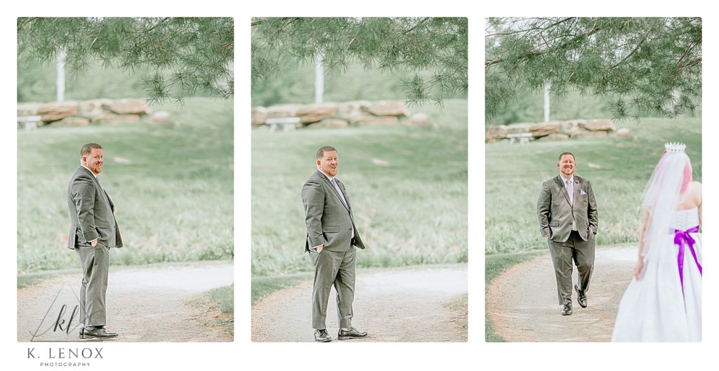 Collage of three pictures showing the grooms facial expressions as he sees his bride for the first time during the first look.  
