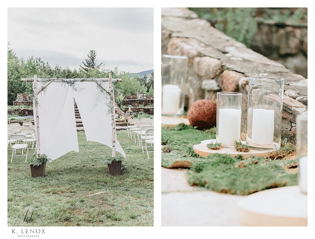Enchanted Forest Wedding with a Game of Thrones Twist- Candles and an arbor with drapes decorate the stone terrace ceremony site. 