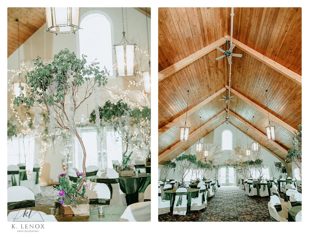 Enchanted Forest Themed wedding at the Shattuck in Jaffrey NH.  Tree Centerpieces with Candles and Greenery. 