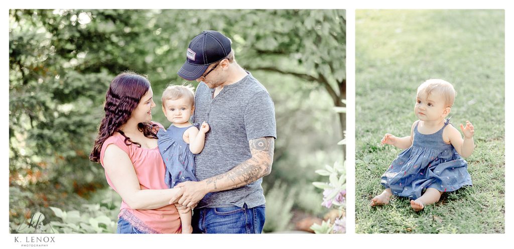 Light and Airy engagement photo showing a family of three.  10 month old little girl wearing a blue dress. 