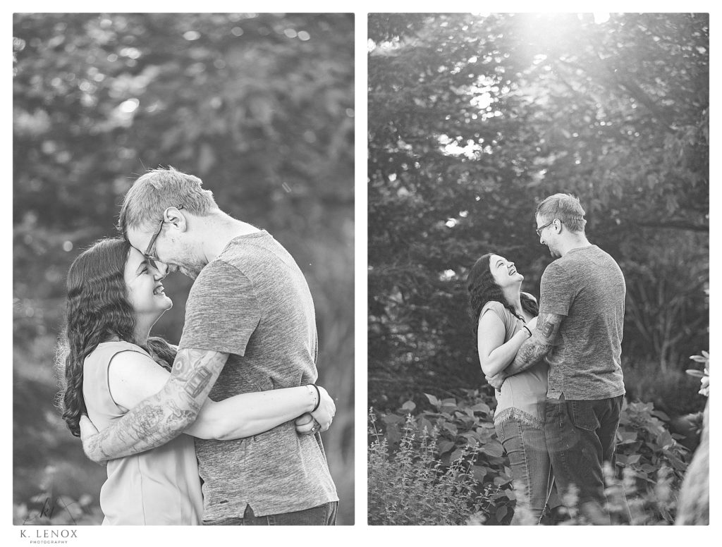 Black and White photos showing a man and woman holding hands and hugging during their Light and Airy Engagement Session with K. Lenox Photography