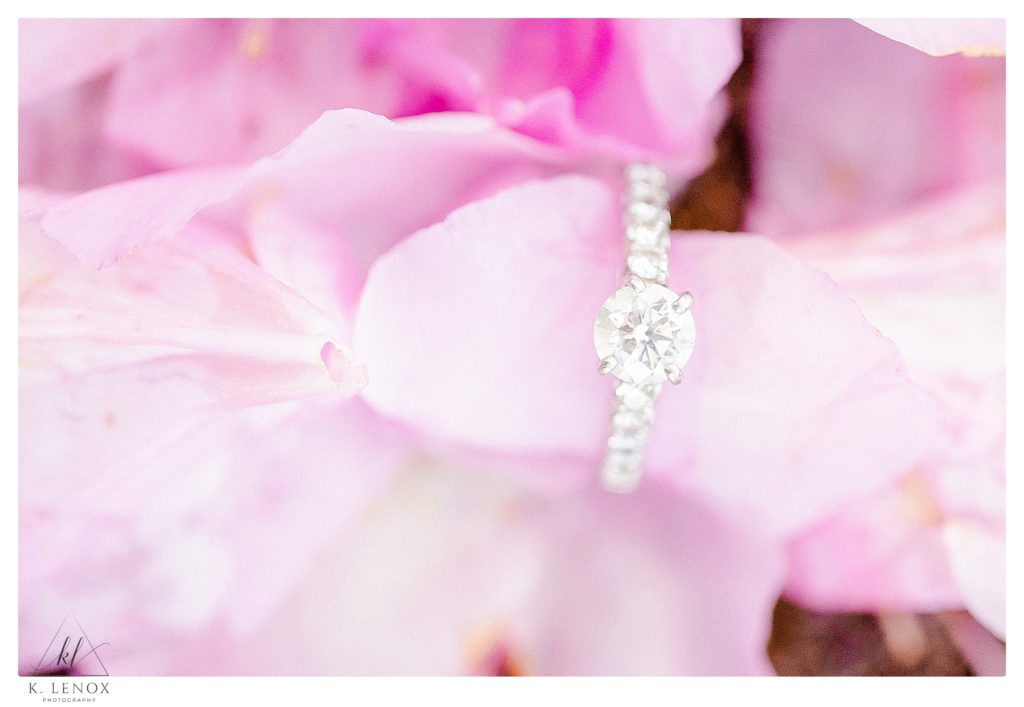Light and Airy Engagement Ring Photo of a diamond solitaire with a diamond band.  Photographed surrounded by pink flowers.  