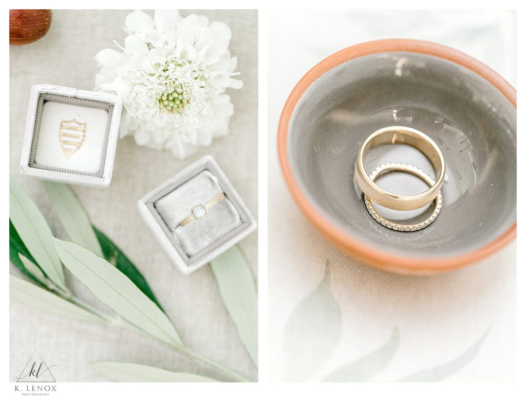 Light and Airy Wedding day detail photos showing the antique Engagement Ring in a Mrs. Box and two gold/diamond wedding bands. 