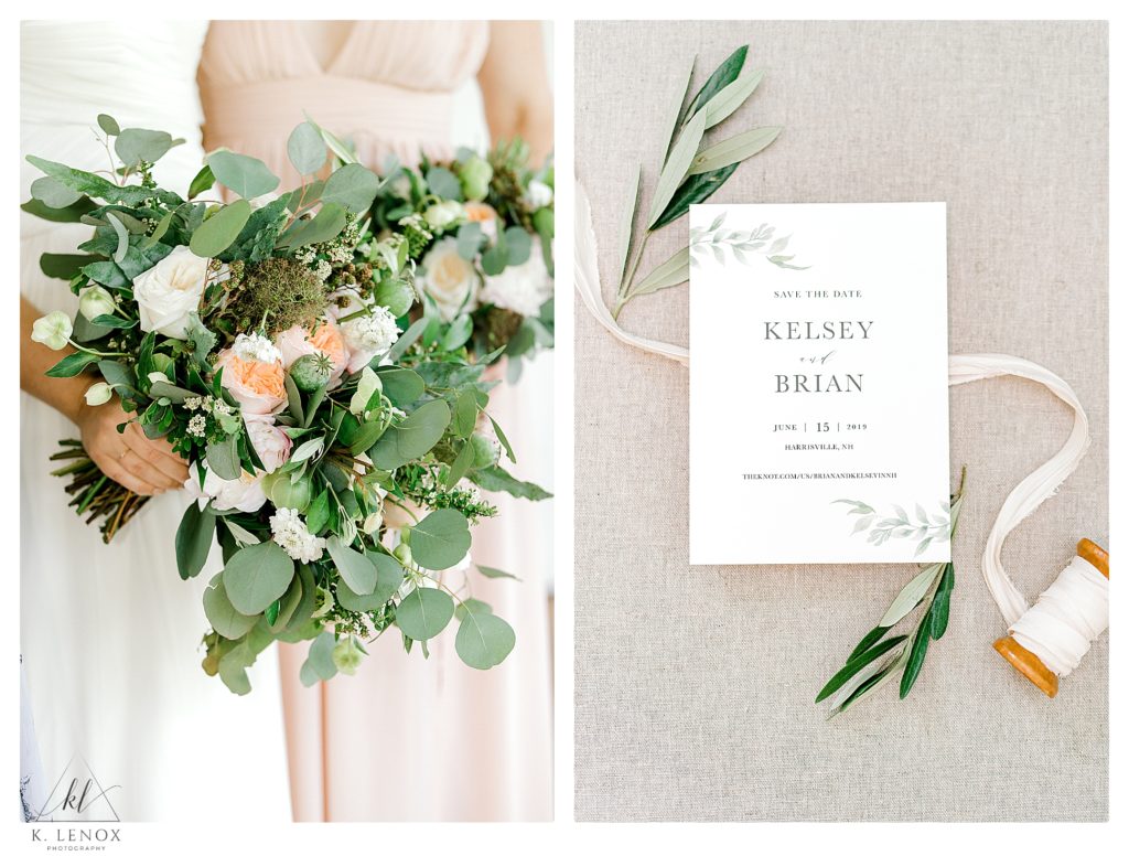 Floral Bridal bouquet with greenery, like eucalyptus and sage plus flowers like peonies, ranunculus, garden rose, and jasmine. Colors include blush, sage, ivory, and peach.  Simple White Wedding invitation.  